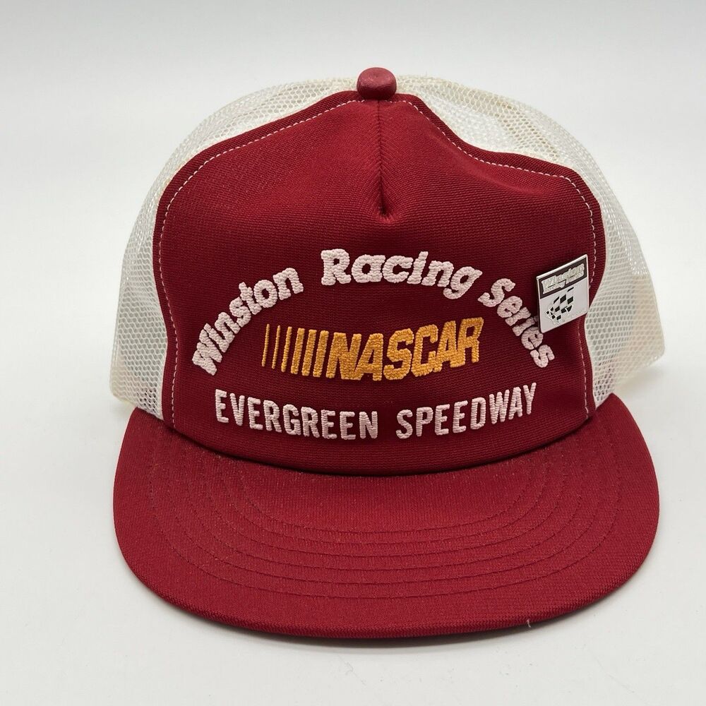 🔥 Vintage 80s  EVERGREEN SPEEDWAY Winston Racing NASCAR Red  snapback Hat W/Pin